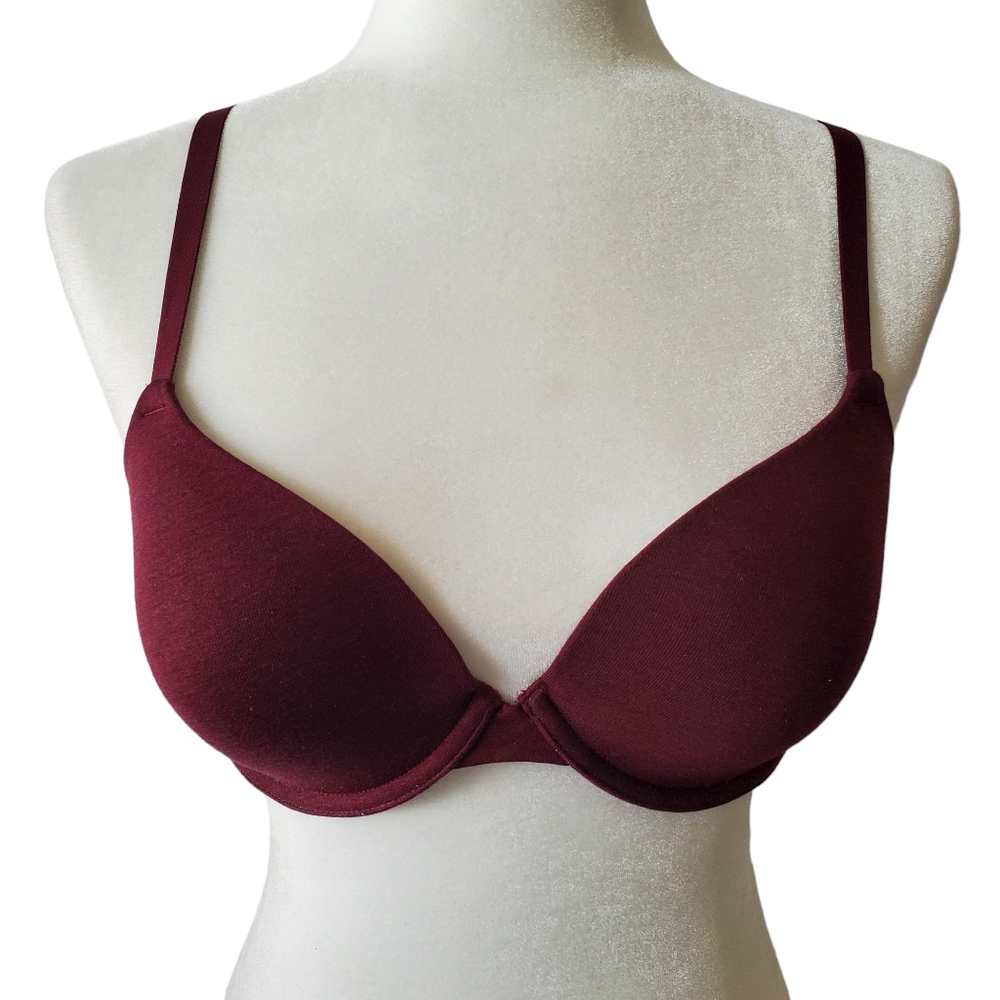 Flirtitude Tshirt Bra 34D Adj Strap to Racerback Tee Light Padding Burgundy 36C‎
